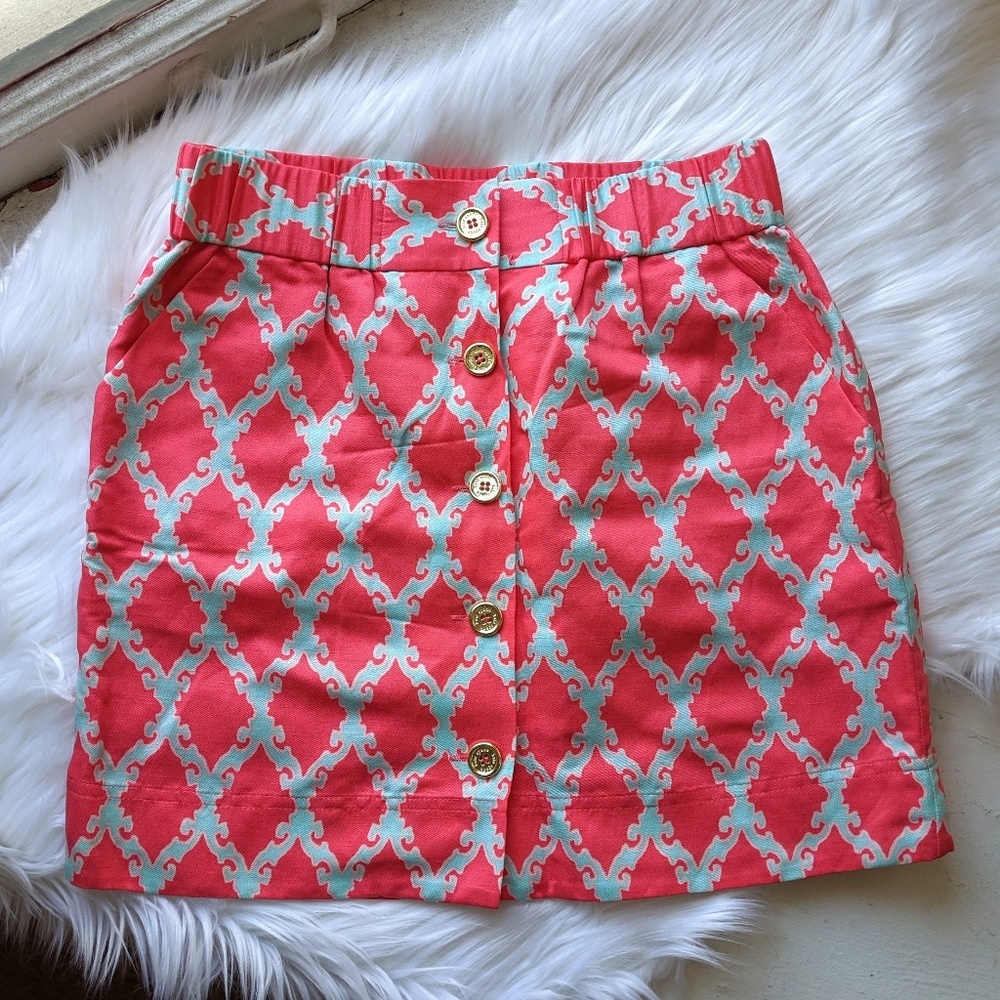 kate spade pink & blue pattern button mini skirt
